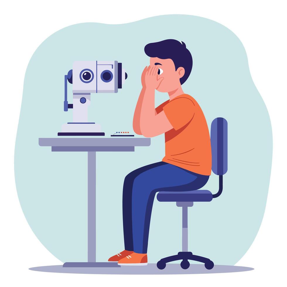 A young boy observing through a telescope while sitting at a desk in a minimalistic room, showcasing curiosity and wonder in illustration vector