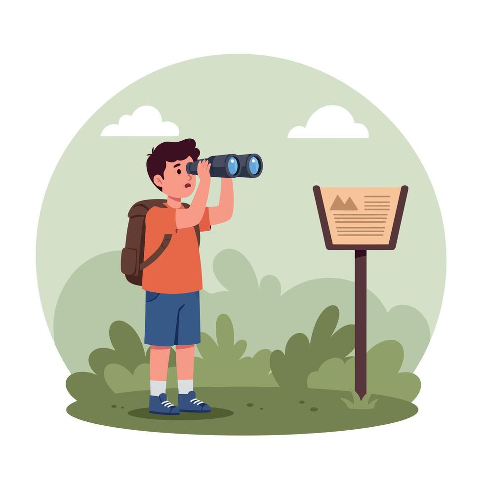 A young boy exploring nature with binoculars while wearing a backpack in a flat art style, showcasing curiosity and outdoor adventure. vector