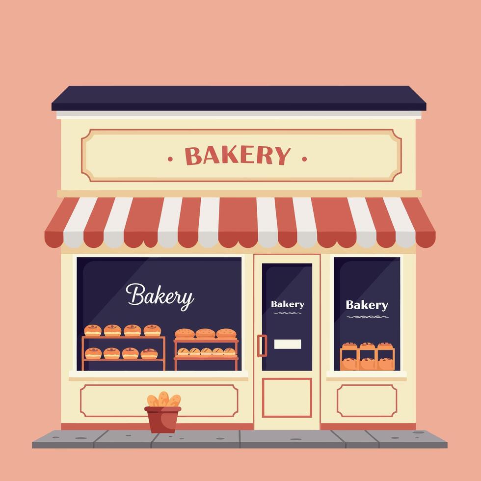 Charming bakery storefront with striped awning and fresh bread display, featuring a flat design style in warm pastel colors, illustration vector
