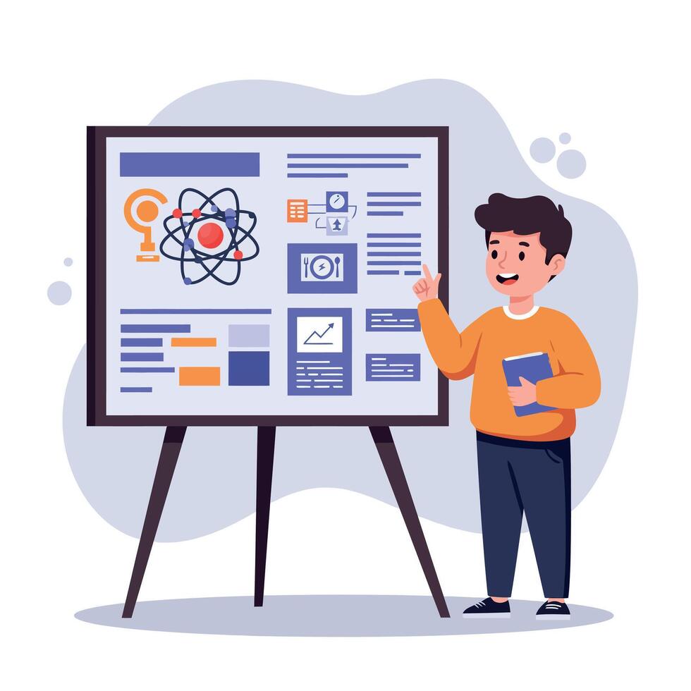 Young boy presenting scientific information on a large display board in a flat illustration vector