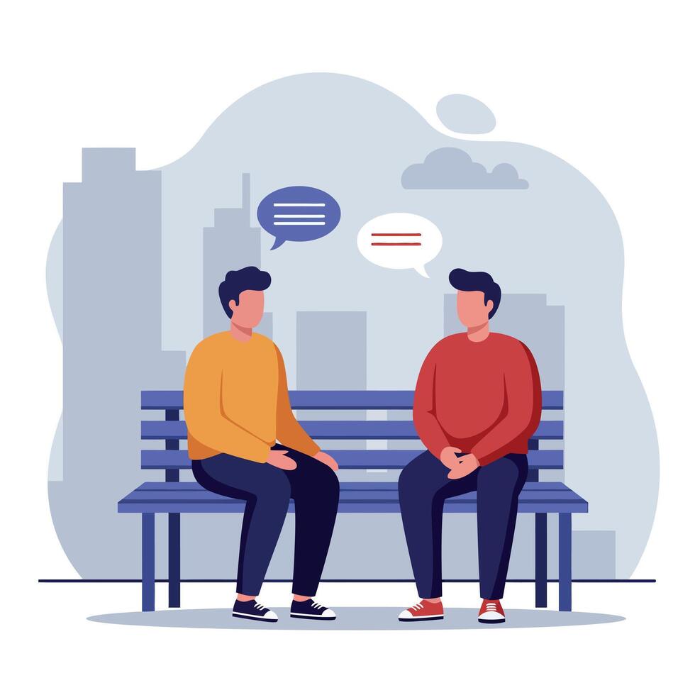 Two men seated on a park bench engaging in deep conversation in a flat illustration with urban background and thought bubbles conveying dialogue vector