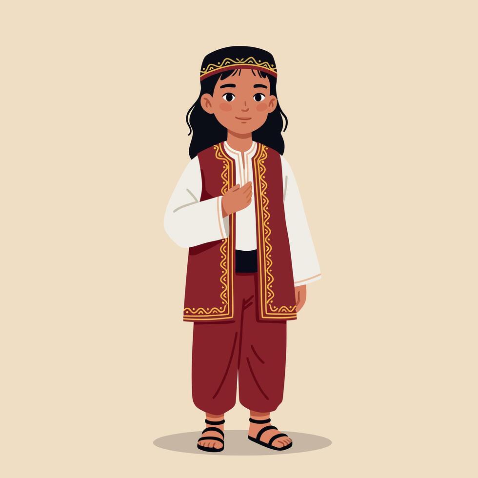 Young boy in traditional attire with intricate patterns, standing confidently in a minimal, flat illustration vector