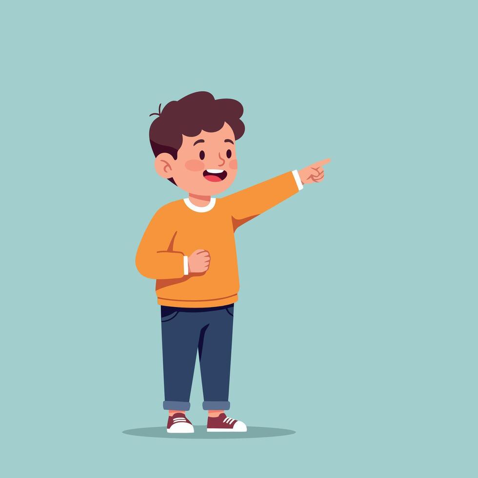 Cheerful young boy in orange sweater joyfully pointing while standing against a light blue background, showcasing a flat design illustration vector