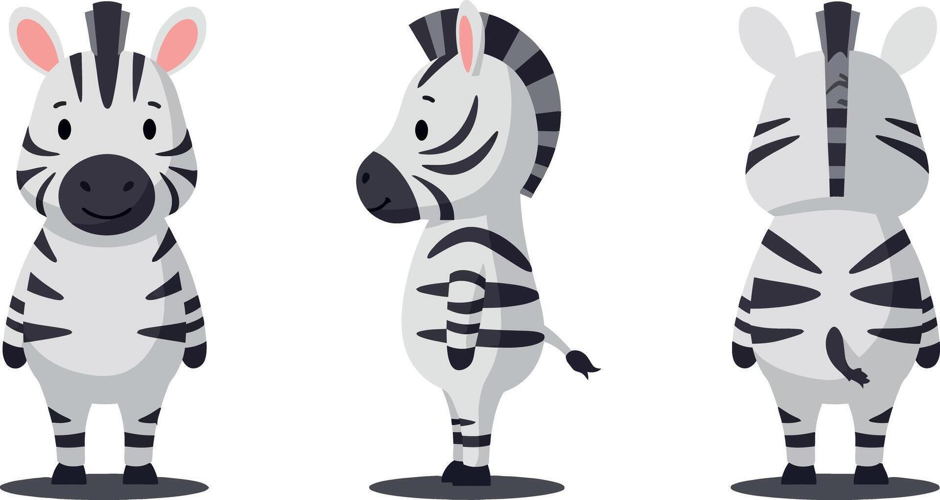 Playful cartoon zebra in three poses showcasing flat design style with a cheerful atmosphere in illustration vector