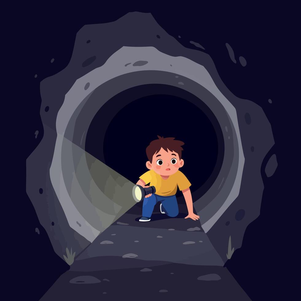A curious boy exploring a dark tunnel with a flashlight in a flat illustration style, evoking adventure and mystery in the scene vector