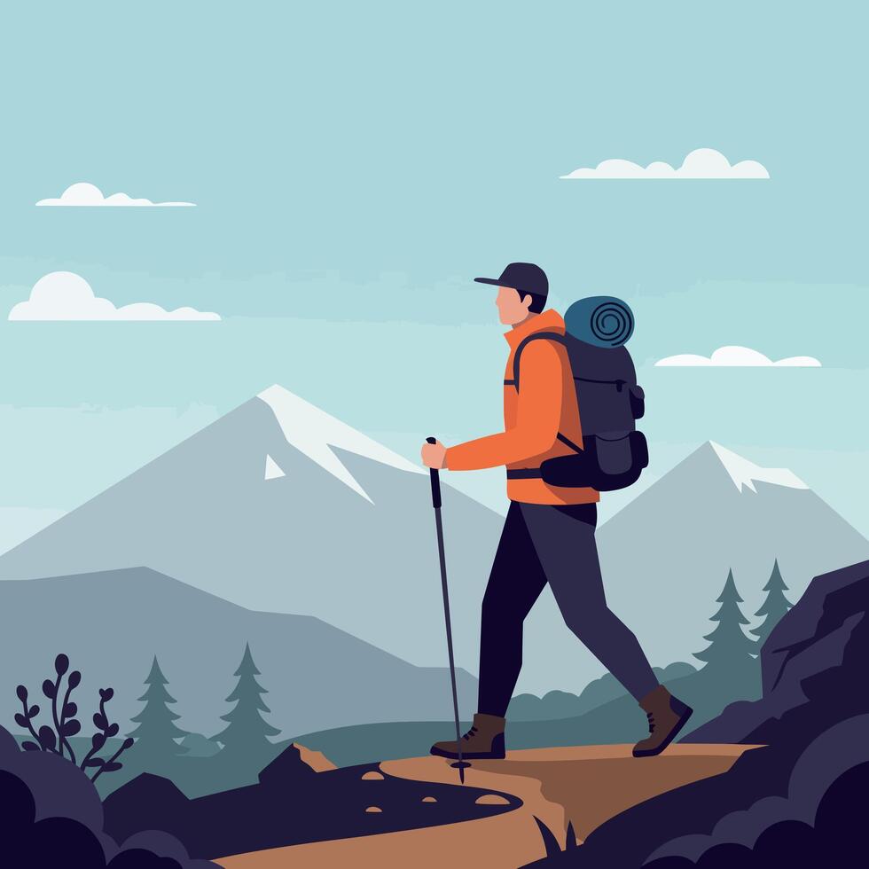 A hiker with a backpack walking along a mountain trail in a flat illustration with scenic peaks and a serene atmosphere in nature art vector