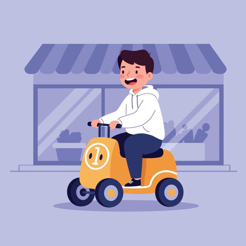 A cheerful boy riding a yellow tricycle in a playful, minimal style under a storefront with colorful plants, showcasing joy and adventure in illustration vector