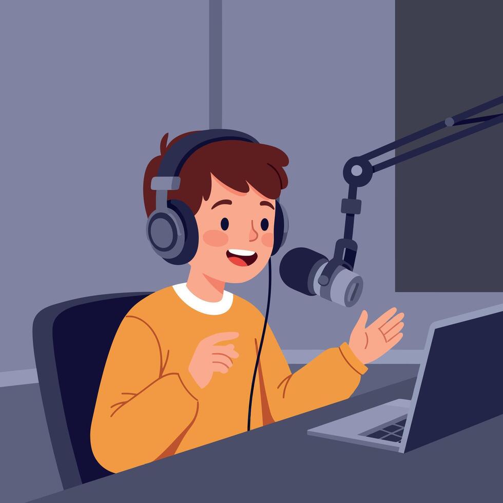 Young man wearing headphones excitedly speaking into a microphone at a modern podcast studio in flat art vector