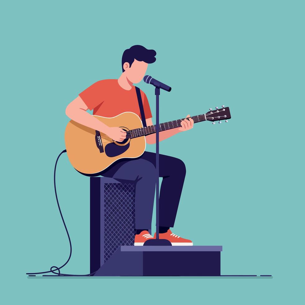 A young man performing a heartfelt acoustic guitar song on stage in a minimal flat design illustration vector