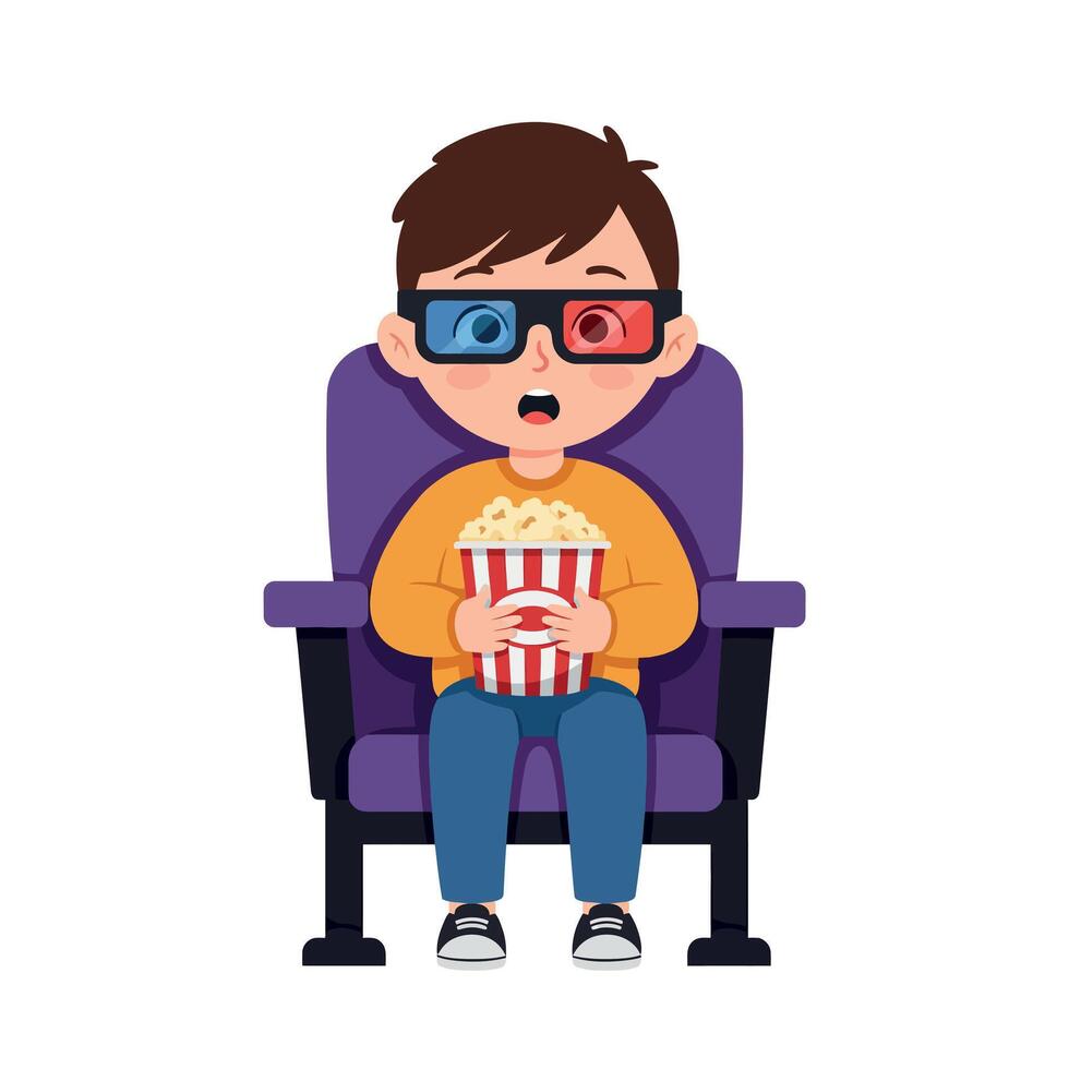A young boy eagerly watching a movie in 3D glasses while holding popcorn in a cozy cinema setting illustration vector