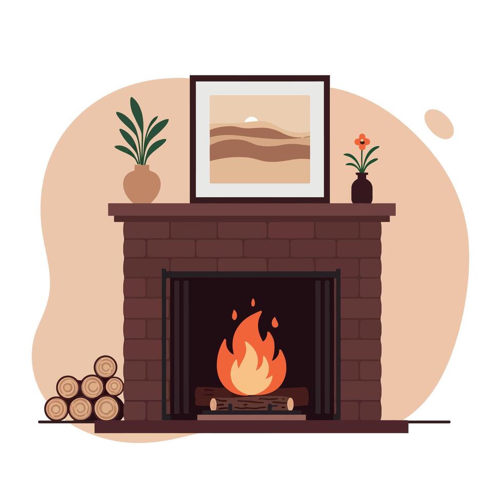 Cozy Fireplace with Mantel Decor in Minimalist Style, Featuring Warm Tones and Subtle Details in Art vector