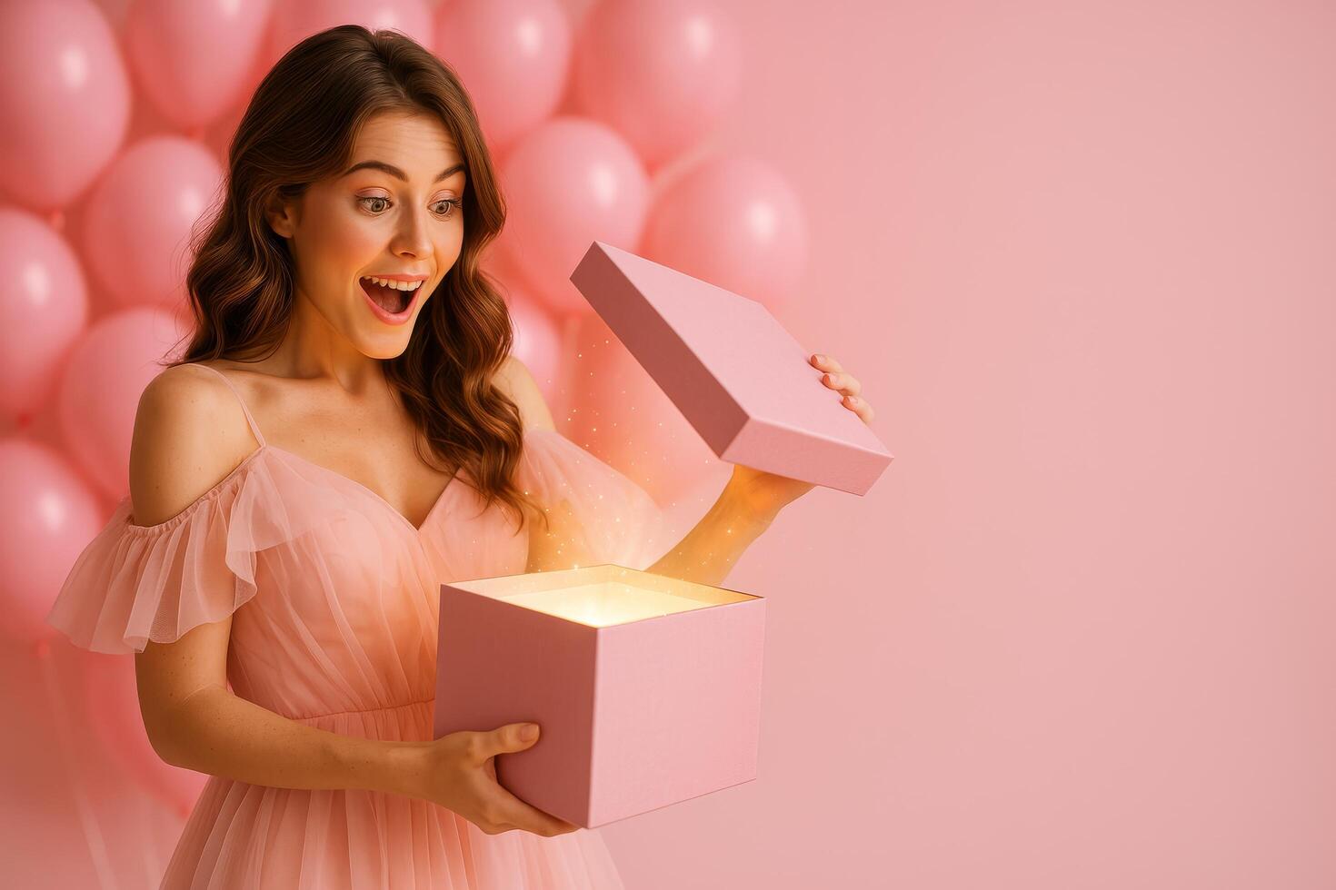 Woman Opens Pink Gift Box With Excitement in a Celebration Setting Filled With Balloons photo