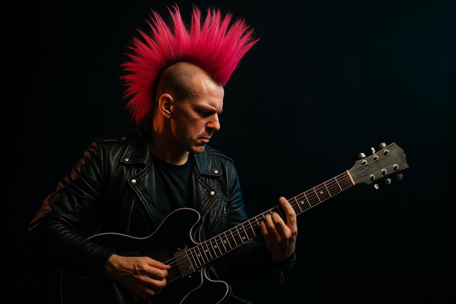 Man With Pink Mohawk Plays Guitar Passionately on Dark Stage photo