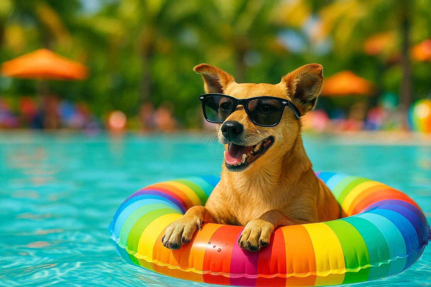 Dog Enjoys Sunny Day in Vibrant Float at Poolside in Tropical Setting photo