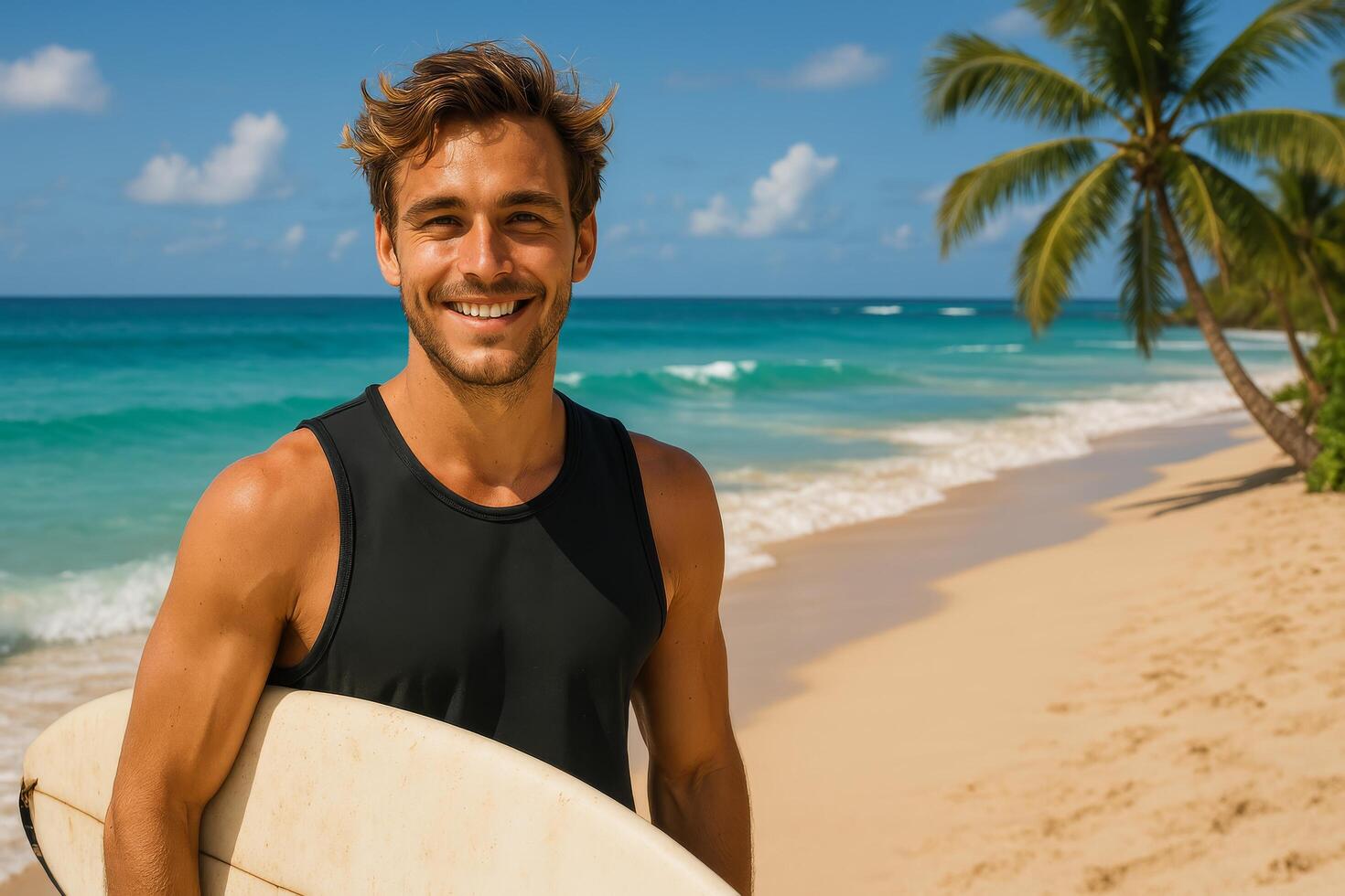 Surfer Poses on Tropical Beach With Surfboard During Sunny Day photo