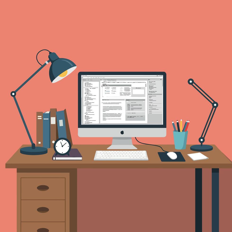 A modern workspace featuring a computer and desk lamp in a minimal design style, showcasing productivity and organization in art vector