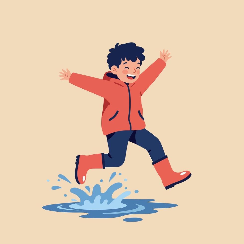 A joyful boy in a red jacket splashing in puddles during a rainy day in flat art vector