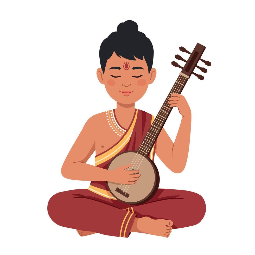 A young boy playing a traditional instrument while sitting cross-legged in a serene environment, showcasing flat design art vector