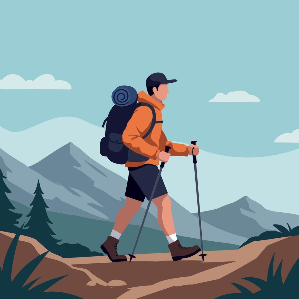 A hiker wearing an orange jacket and backpack walking along a mountain trail in a flat design illustration vector