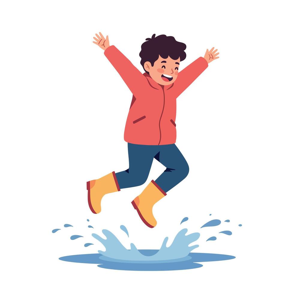 Cheerful boy in bright raincoat joyfully jumping into a puddle, minimal style, capturing playful spirit, illustration vector
