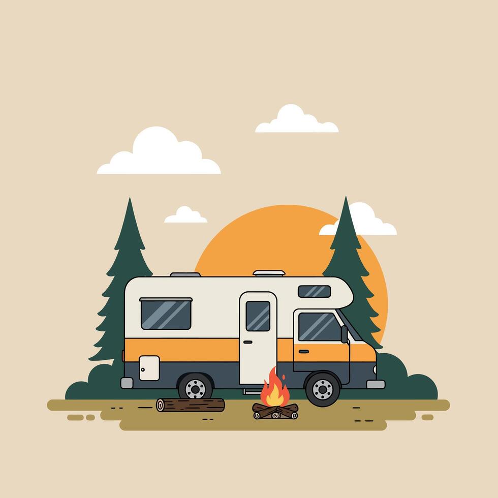 Vintage Camper Van in a Forest Setting with Campfire and Sunset in Minimalist Art vector