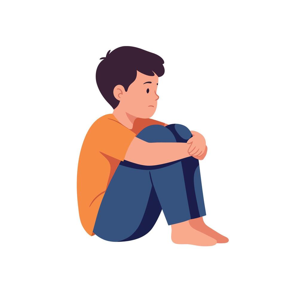 A young boy sitting on the floor with knees hugged to his chest in a flat illustration depicting feelings of contemplation and solitude vector
