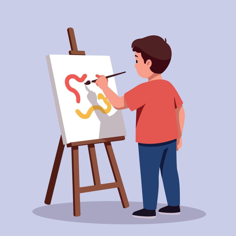 A young boy painting colorful abstract shapes on a canvas in a minimalistic art studio, expressing creativity and joy in illustration vector