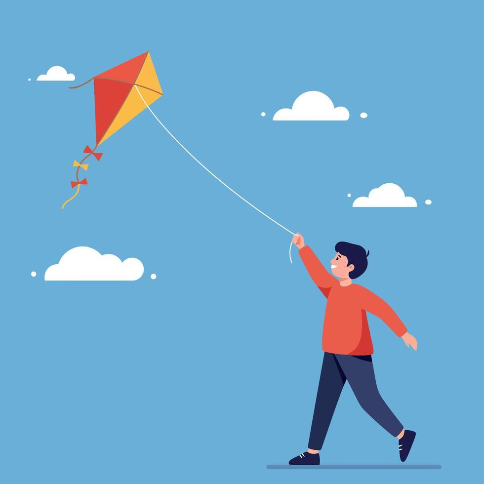 A boy joyfully flying a colorful kite against a bright blue sky in flat art vector