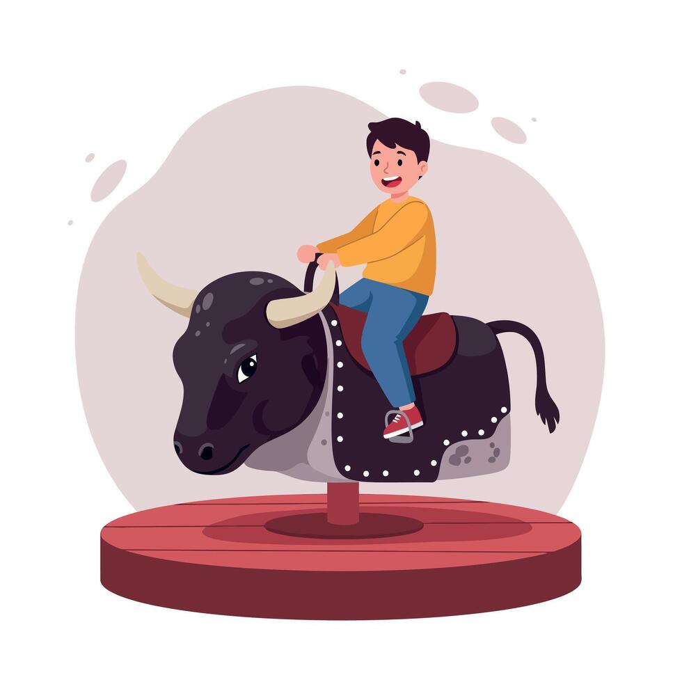 A young boy joyfully riding a mechanical bull on a carnival platform in flat art style showcasing excitement and playful atmosphere vector