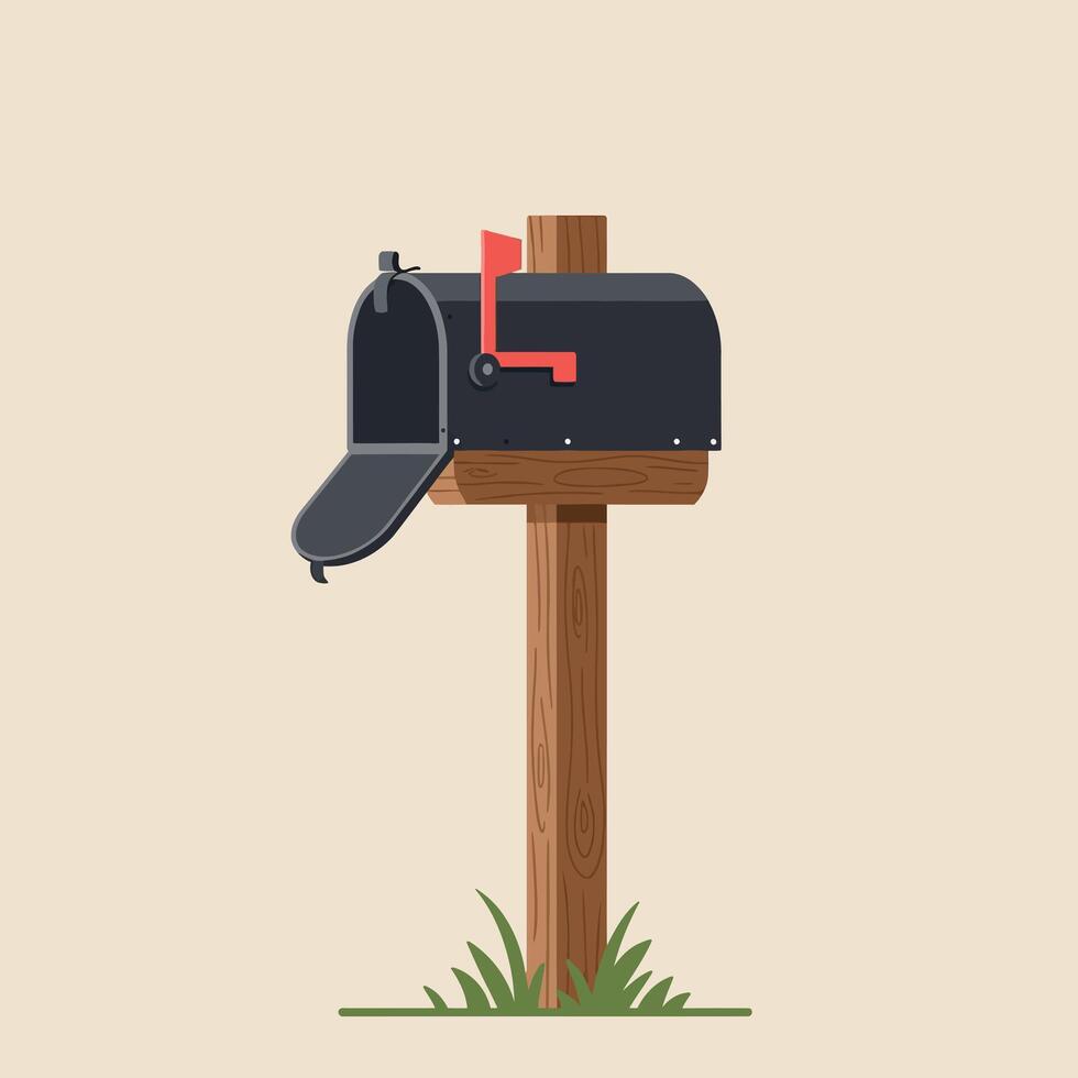 Black mailbox on wooden post with grassy surroundings in flat art style showcasing simplicity and functionality in everyday life illustration vector