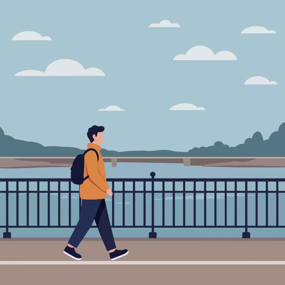 A young man wearing an orange jacket and black backpack walking along a riverside path in a flat illustration vector