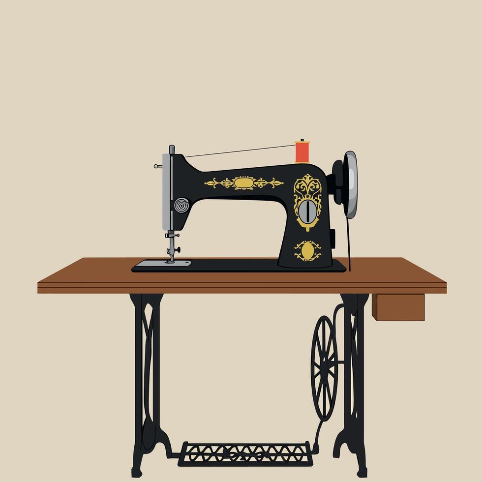 Vintage Sewing Machine on a Wooden Table in Detailed Retro Art vector