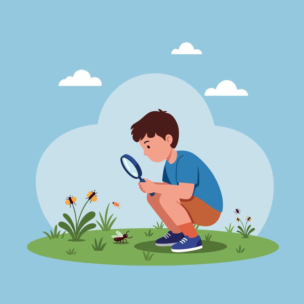 A curious boy examining insects with a magnifying glass in a vibrant garden under a clear blue sky, flat illustration vector