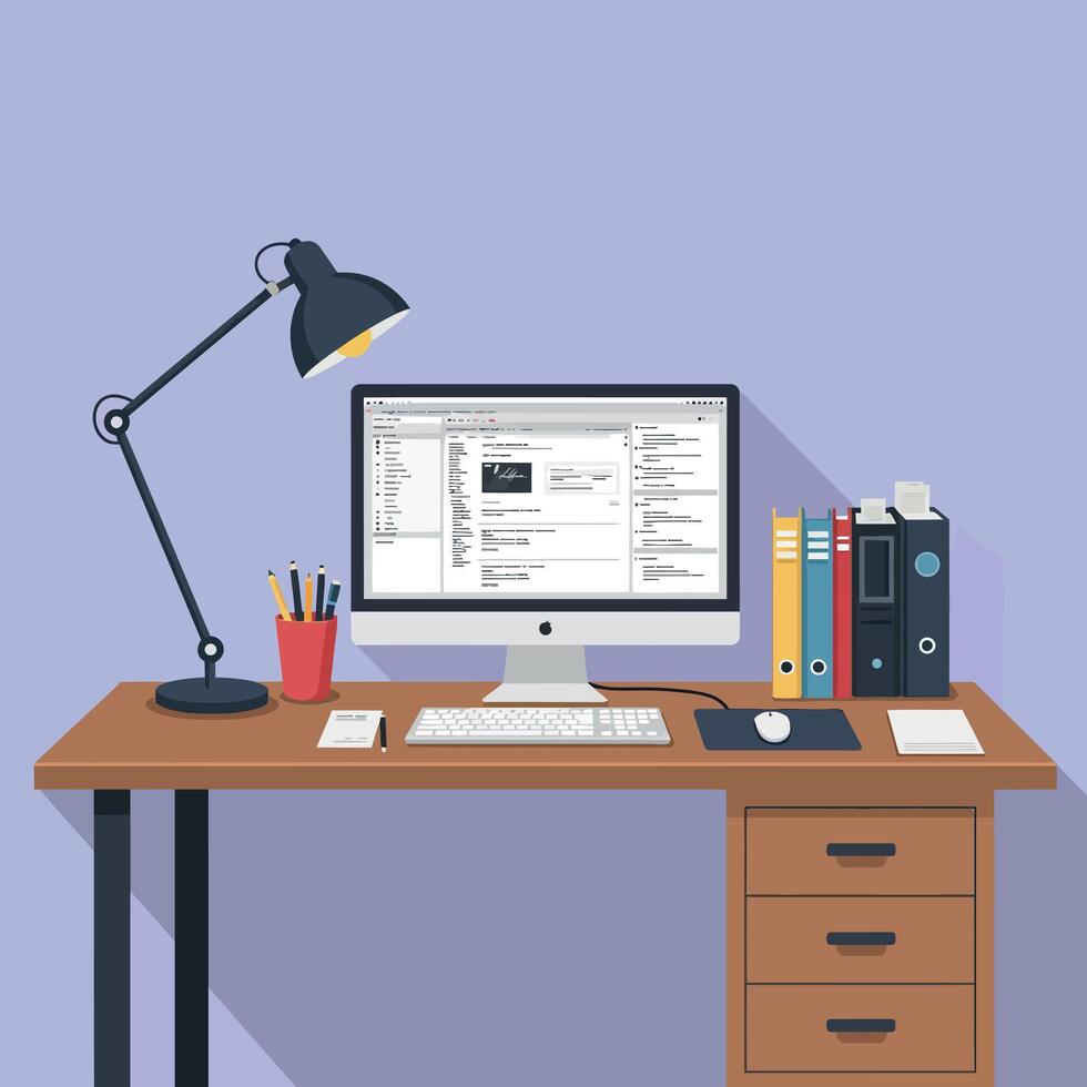 Modern workspace featuring a desk, computer, and stationery in a flat illustration style, showcasing a productive atmosphere with organized elements. vector