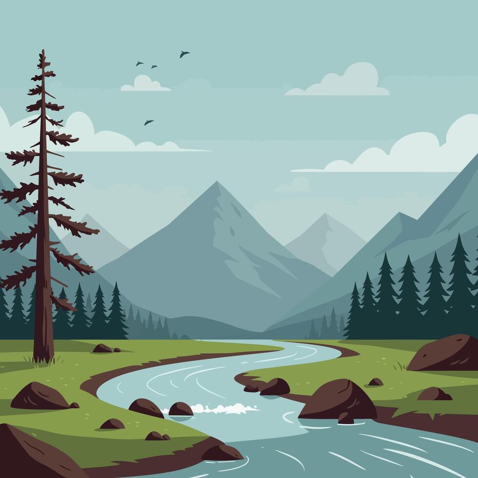 Serene mountain landscape with a winding river and lush greenery in a flat illustration vector