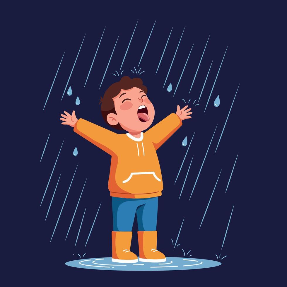 A joyful child in yellow rain boots and orange hoodie enjoying rain while standing in puddle, flat illustration vector