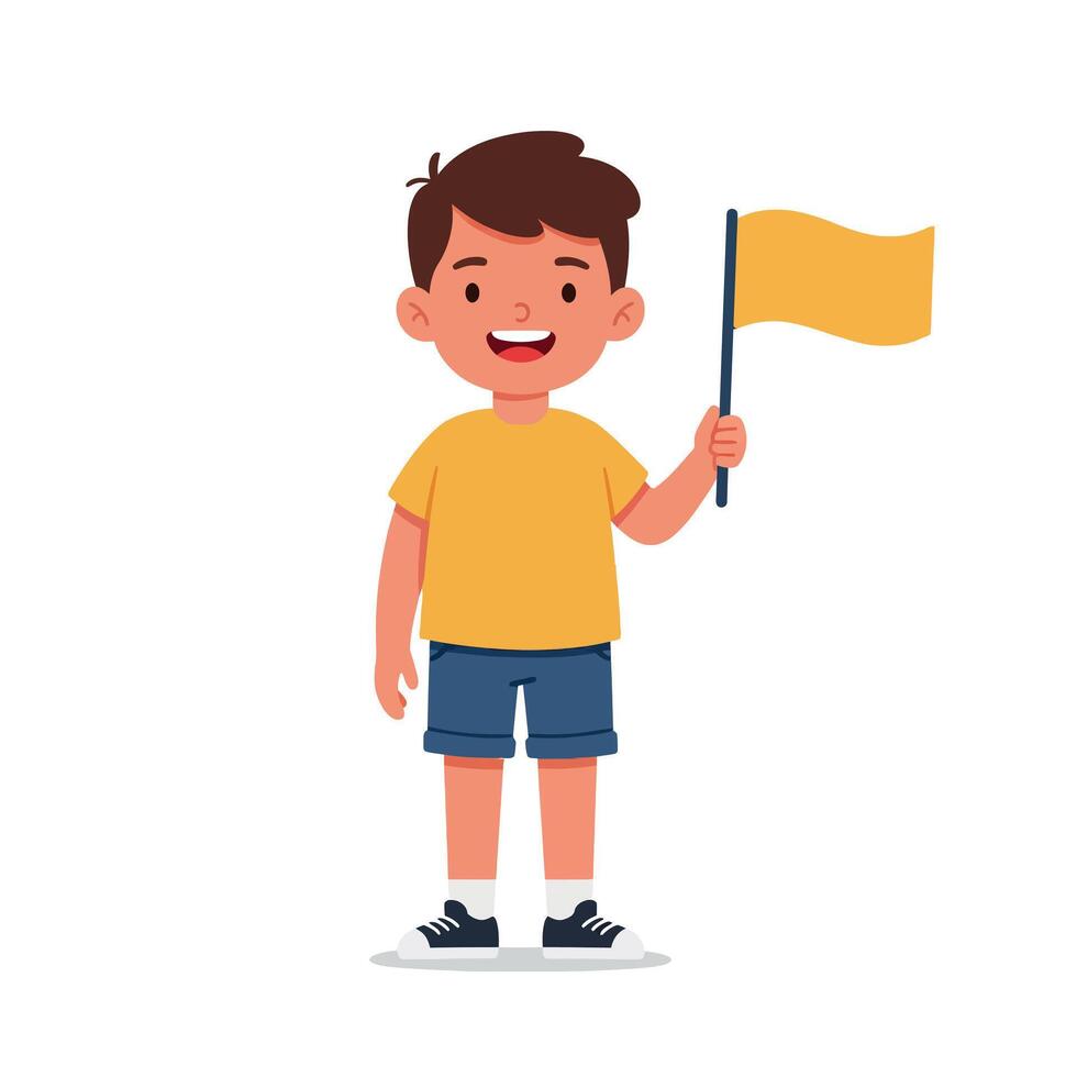 Cheerful young boy in a yellow shirt and shorts waving a small yellow flag in a playful, flat art style vector