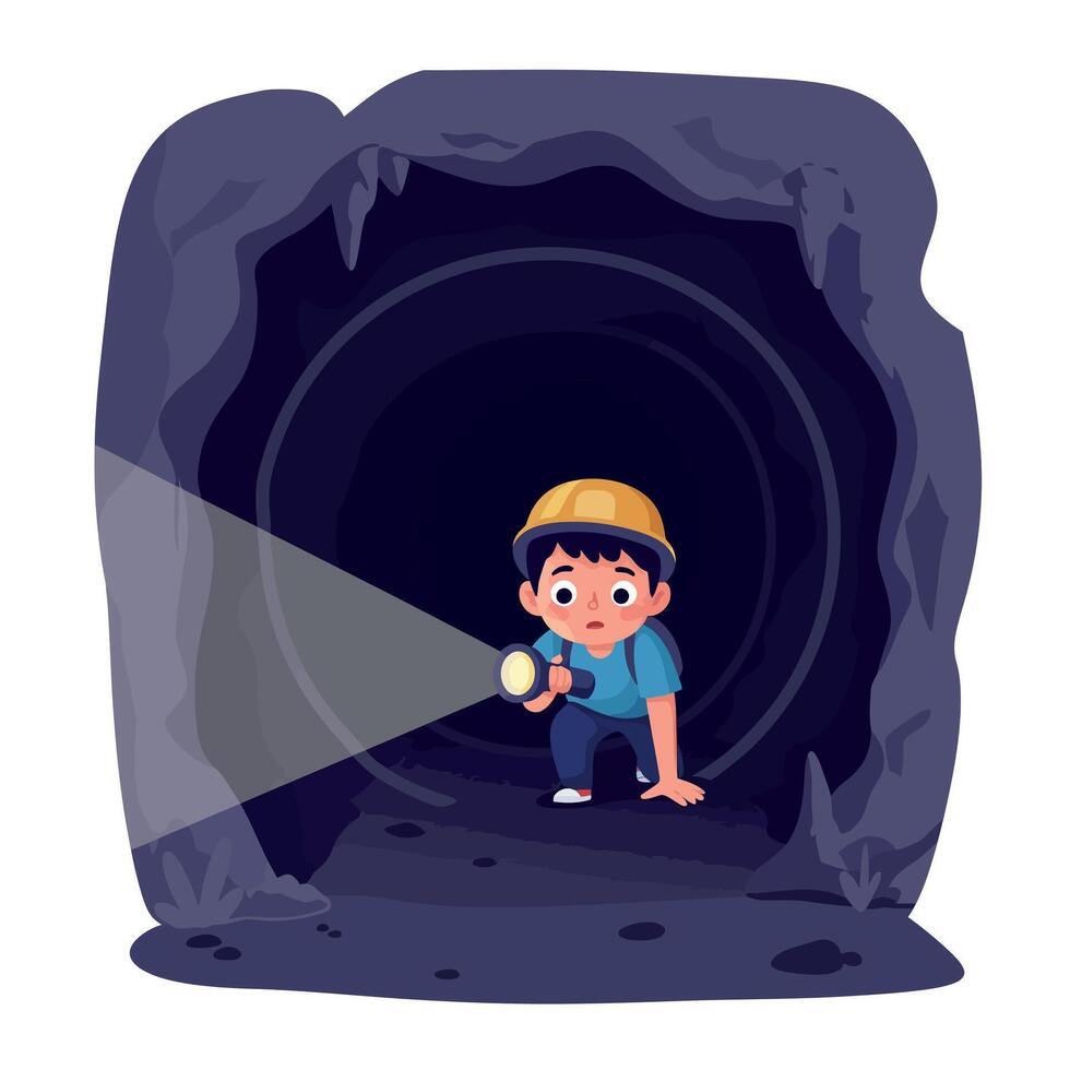 Curious boy exploring a dark cave with a flashlight in a minimal illustration vector