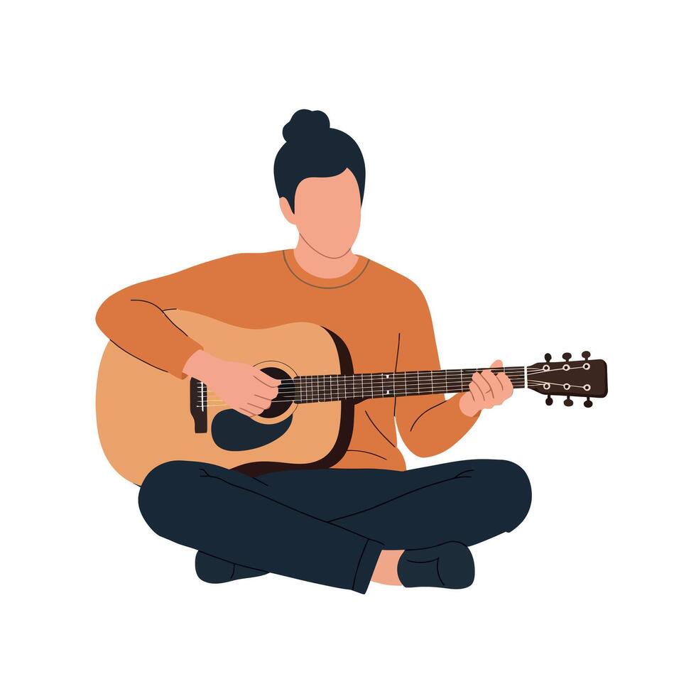 A person seated cross-legged playing an acoustic guitar in a minimal flat design illustration vector