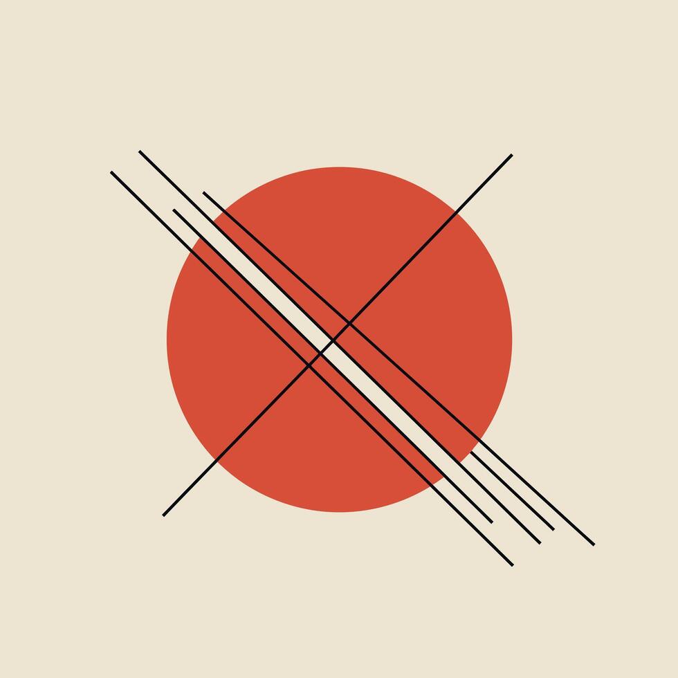 Bold red circle intersected by dynamic black lines in a flat minimal design style showcasing modern abstract art vector