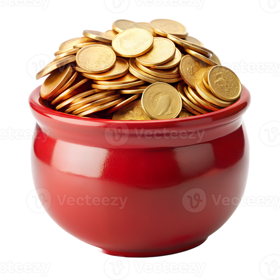 A Red Pot Filled with a Large Pile of Gold Coins Wealth Prosperity Fortune isolated on white or transparent background png