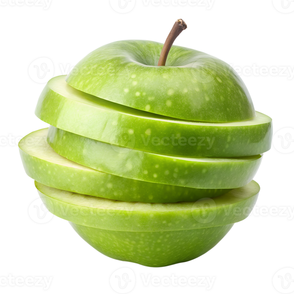 A perfectly sliced green apple showing its juicy interior and vibrant color a delicious and healthy fruit image isolated on white or transparent background png