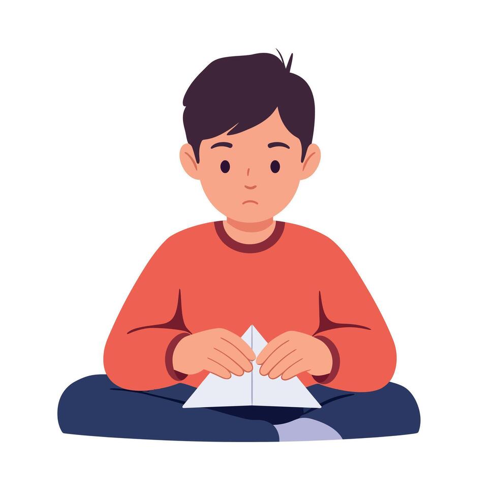 A young boy sitting cross-legged on the floor focused on folding a paper airplane in a flat illustration vector