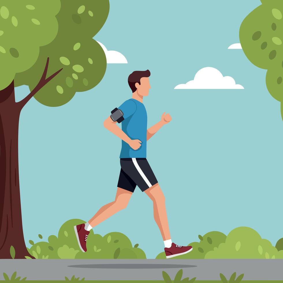 A young man jogging along a tree-lined path in a flat, minimal design style illustration vector