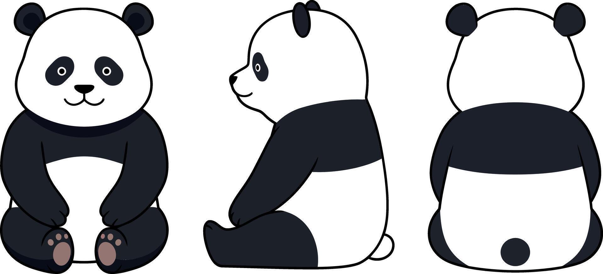 Cute panda character in playful poses showcasing flat design style in three views, perfect for childrens projects and educational materials, illustration vector