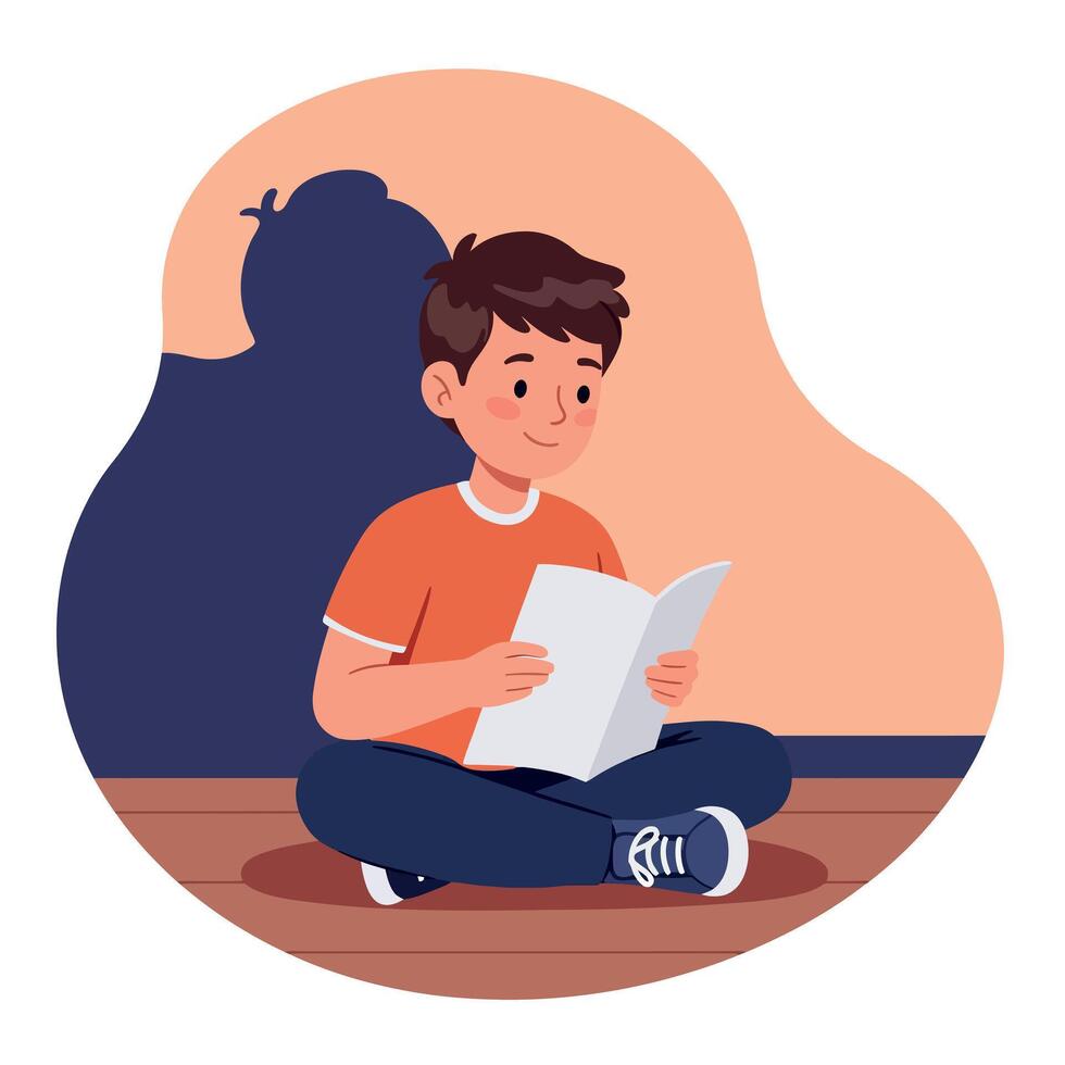 A young boy sitting cross-legged on a wooden floor, happily reading an open book in a flat illustration style vector