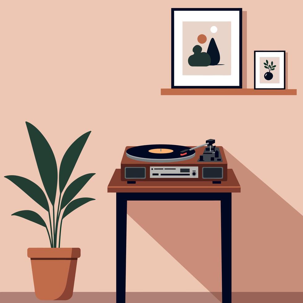 Retro Turntable on Wooden Table with Plant in Minimalist Living Room Art vector