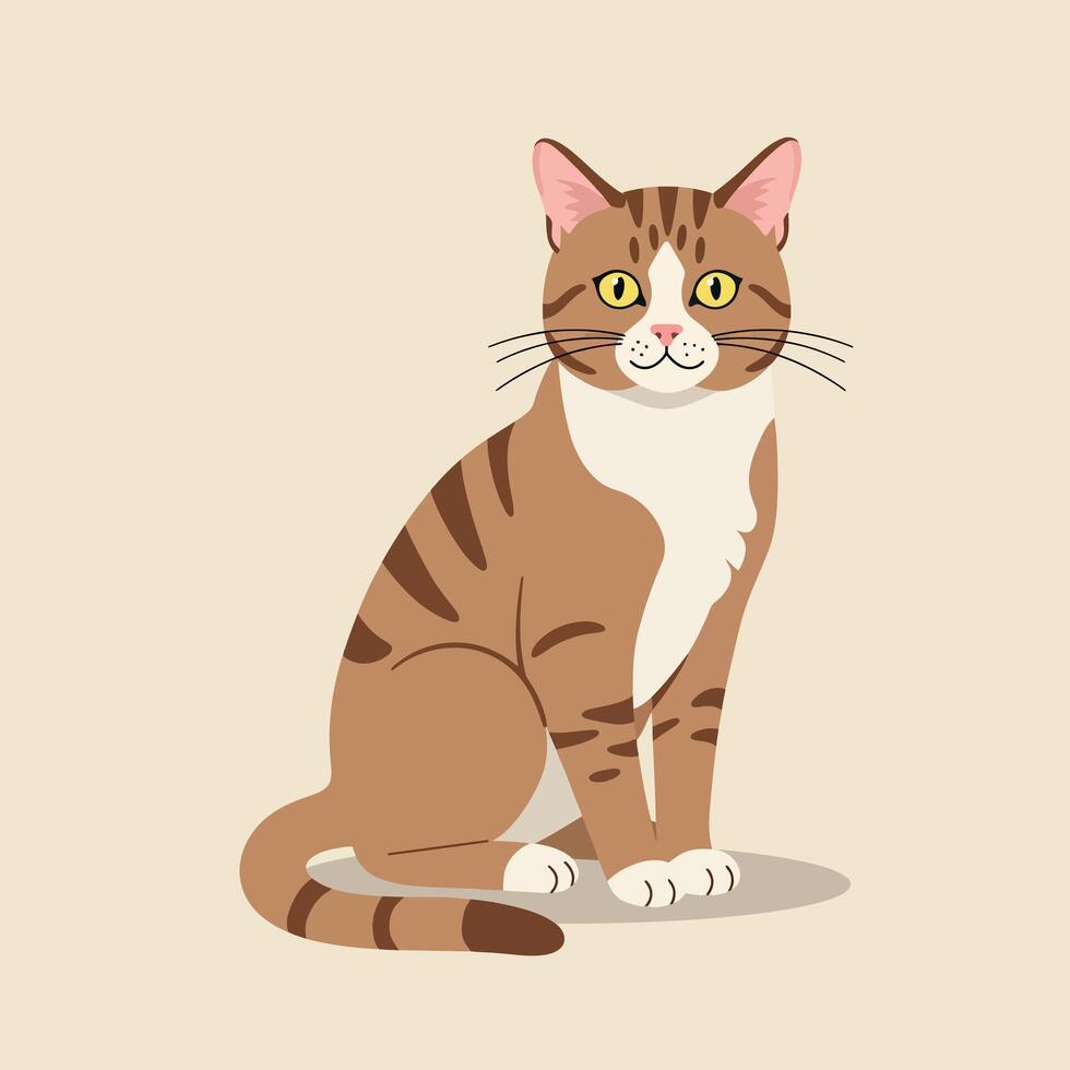 A charming brown tabby cat with striking yellow eyes in a minimal flat design art vector