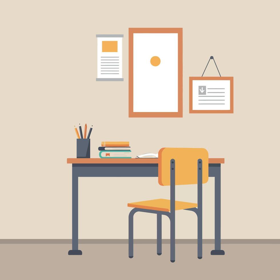 Simple wooden desk with yellow chair and stationery in a minimalistic workspace setting, featuring flat art vector