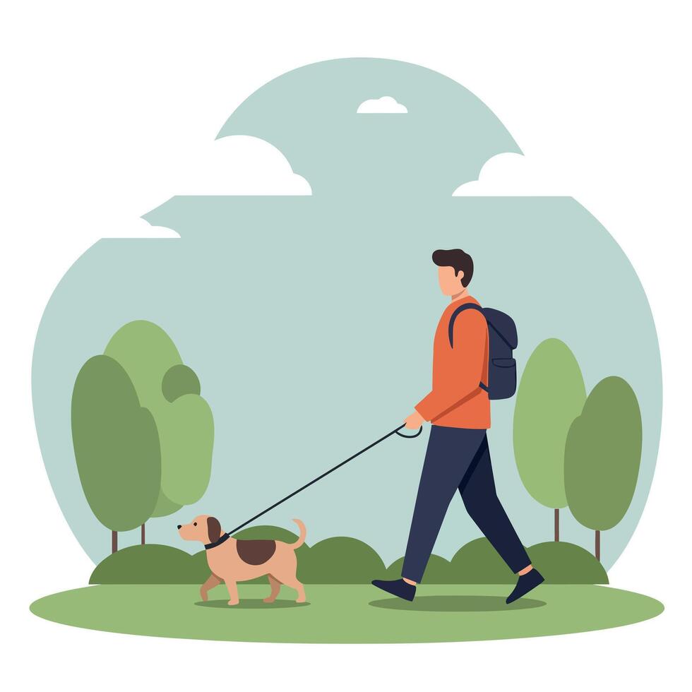 A man walking a small brown and white dog in a vibrant green park with trees in a flat illustration vector